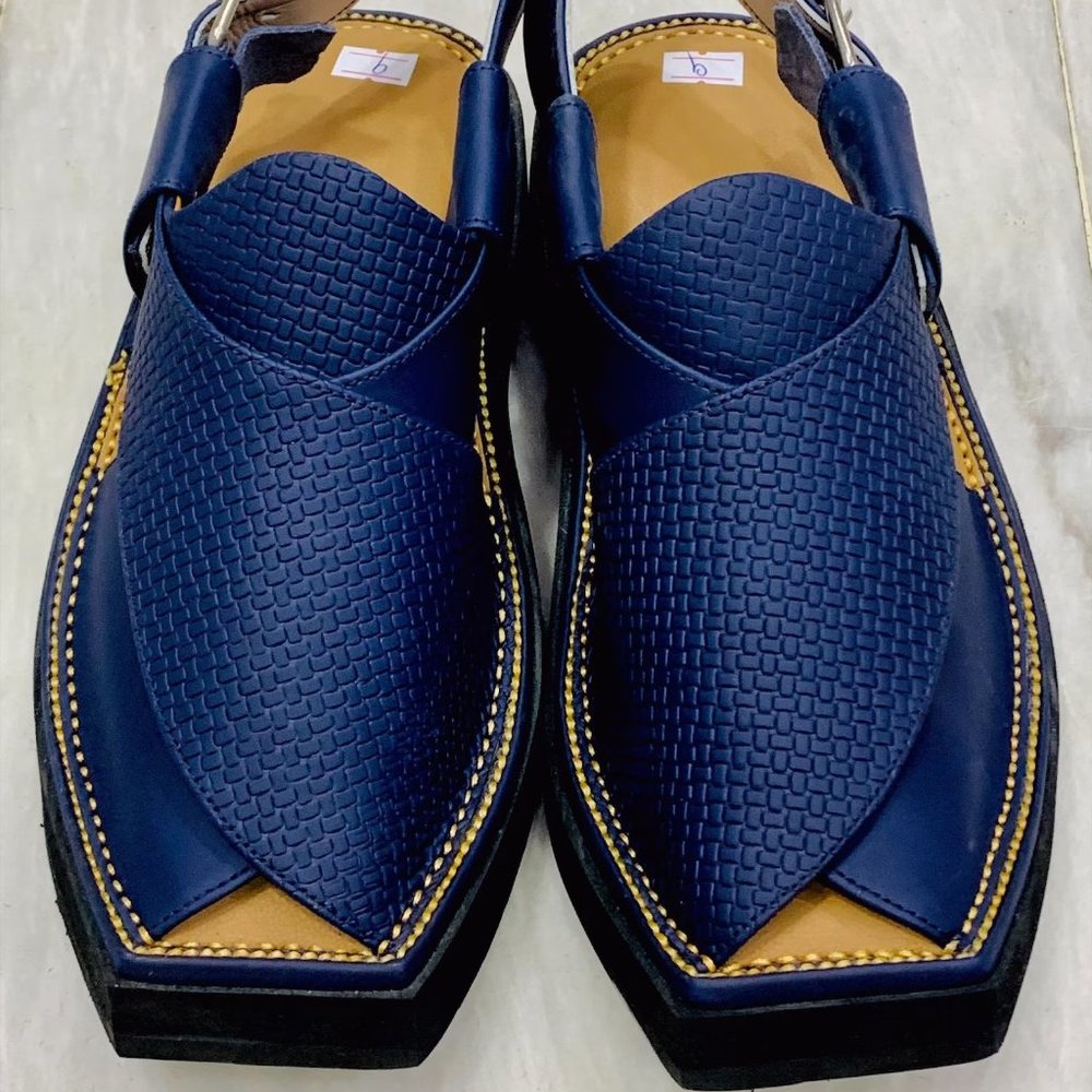 Handmade Blue Leather Peshawari Sandals: Traditional Mens Chappal